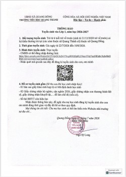 THÔNG BÁO TUYỂN SINH VÀO LỚP 1 NĂM HỌC 2026 - 2027